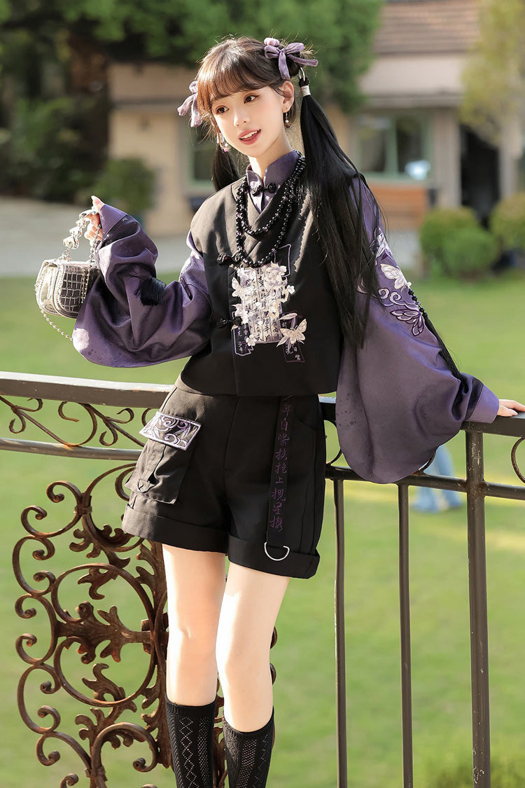 Black/Purple Stand Collar Long Sleeves Embroidery Classic Chinese Style Prince Hanfu Ouji Set - Product - 11