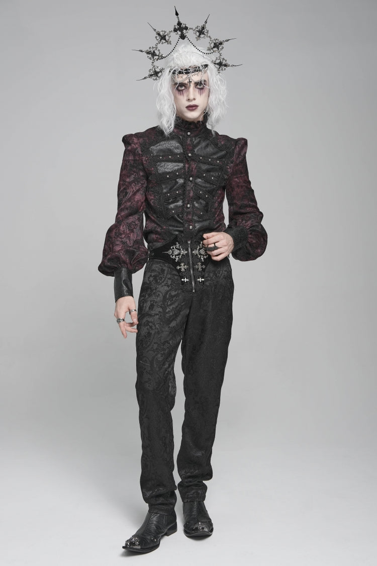 Black/Red Stand Collar Long Lantern Sleeves Floral Print Embroidery Men's Gothic Blouse - Product - 11