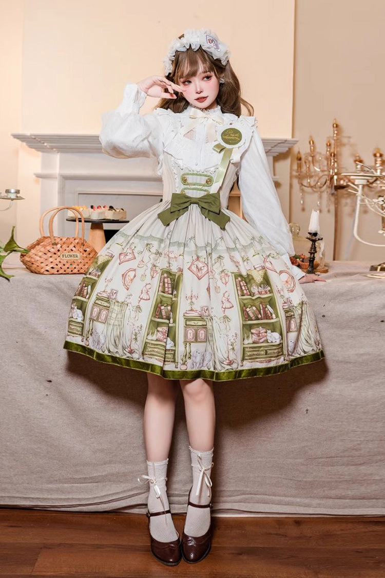 Green Ai Luo Book House Print Chest Support Bowknot Sweet Lolita Jsk Dress - Product - 2