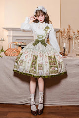 Green Ai Luo Book House Print Chest Support Bowknot Sweet Lolita Jsk Dress - Product - 2