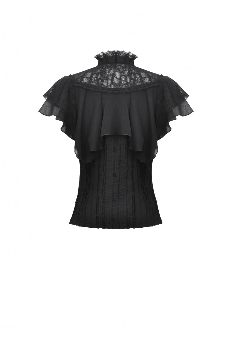Black Stand Collar Ruffled Short Sleeves Lace Spliced Women's Gothic Blouse - Product - 16