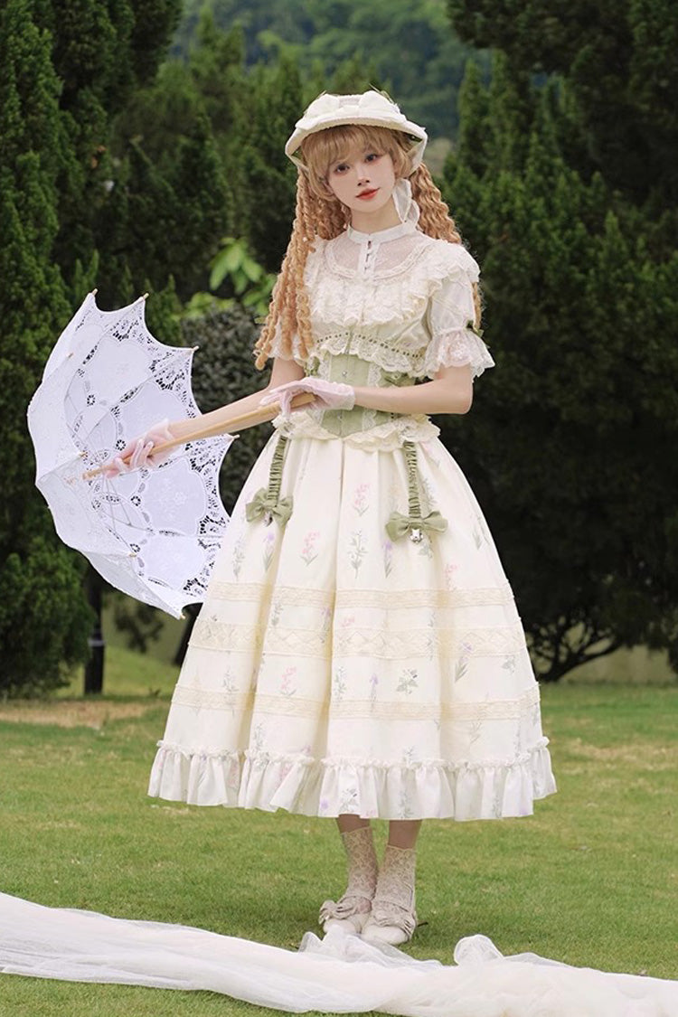 White/Green Letters and Poems to Austen Short Sleeves Print Hollow Lace Sweet Elegant Lolita Dress - Product - 4