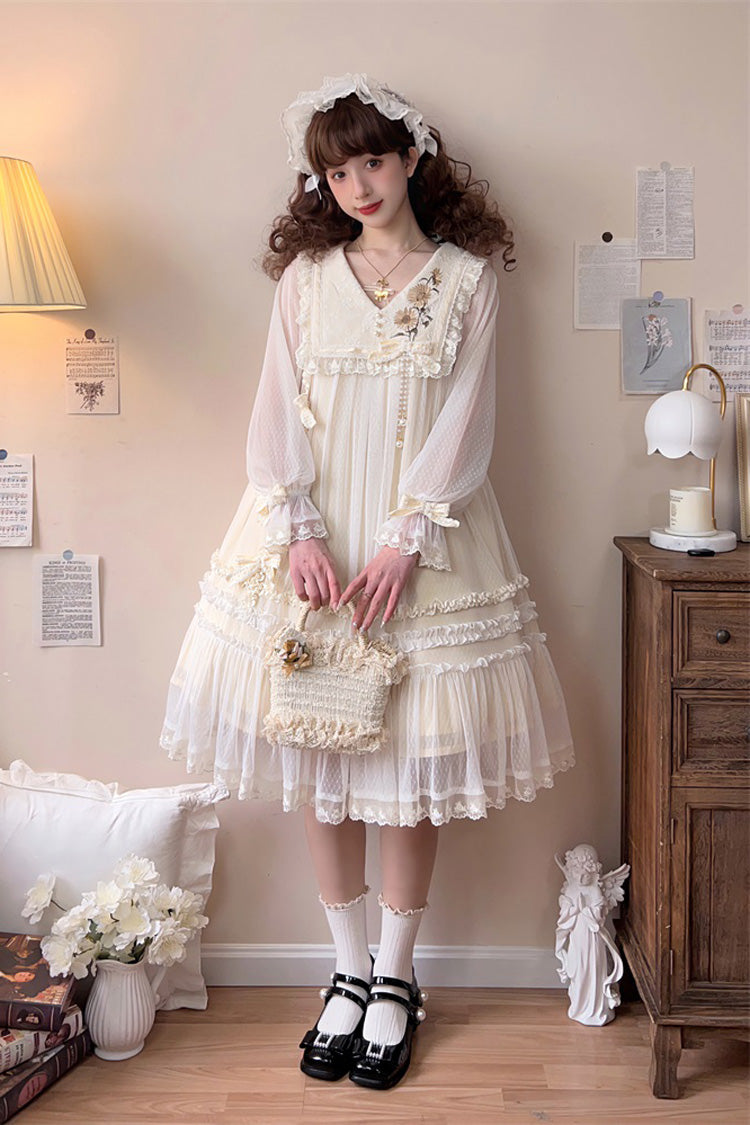Ivory [Sunflower Diary] Long Sleeves Ruffle Embroidery Bowknot Lace Chiffon Sweet Princess Lolita Dress - Product - 3