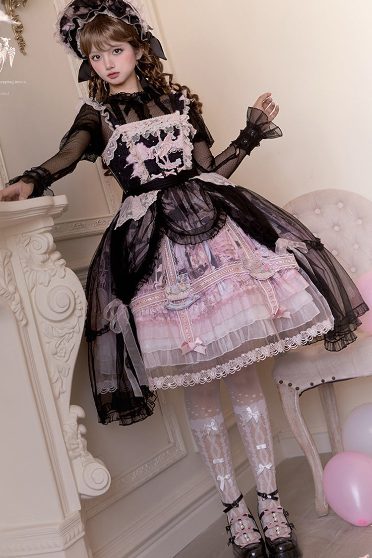 Black/Pink [Pegasus Park] Multi-Layered Print Ruffle Bowknot Lace Sweet Gorgeous Lolita Jsk Dress - Product - 2