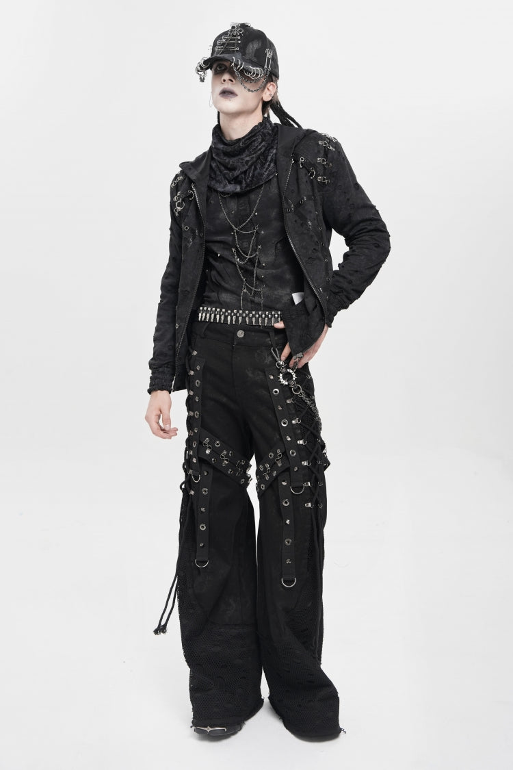 Black Spliced Lace-Up Mesh Ripped Men's Punk Baggy Pants - Product - 10