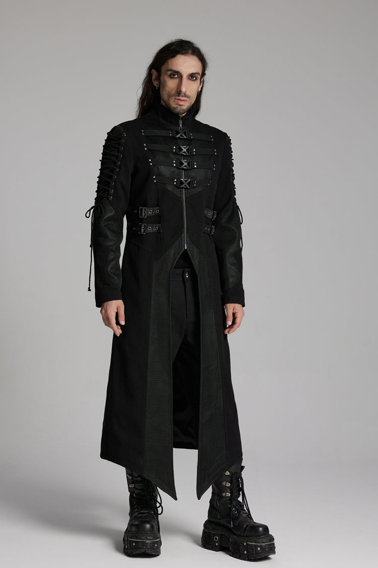 Black Buckle-up Rivets Long Sleeves Lace-Up Men's Punk Long Jacket - Product - 4