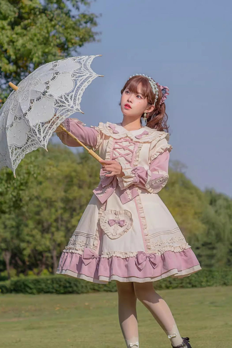 Pink/White [Little Florist] Long Sleeves Ruffle Bowknot Lace-Up Sweet Plus Size Princess Lolita Dress - Product - 4