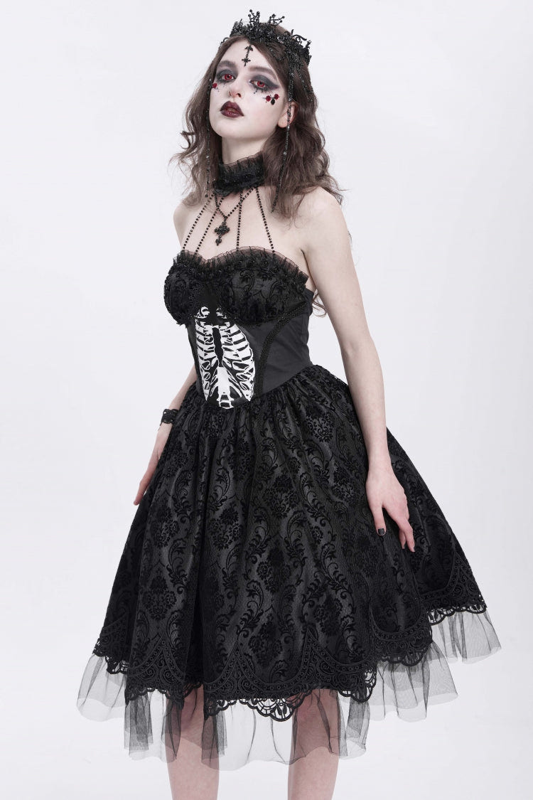 Black Halterneck Skeleton Print Embroidery Stitching Lace Women's Gothic Dress - Product - 4