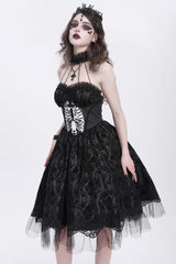 Black Halterneck Skeleton Print Embroidery Stitching Lace Women's Gothic Dress - Product - 4