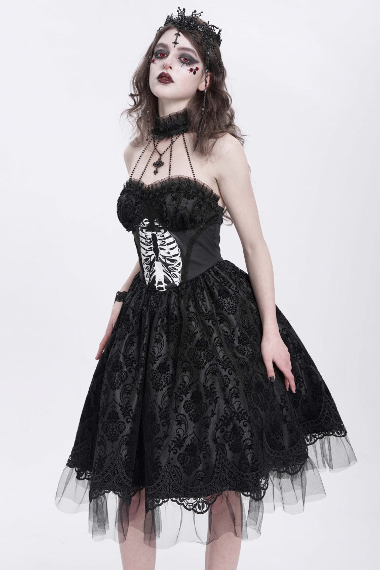 Black Halterneck Skeleton Print Embroidery Stitching Lace Women's Gothic Dress - Product - 4