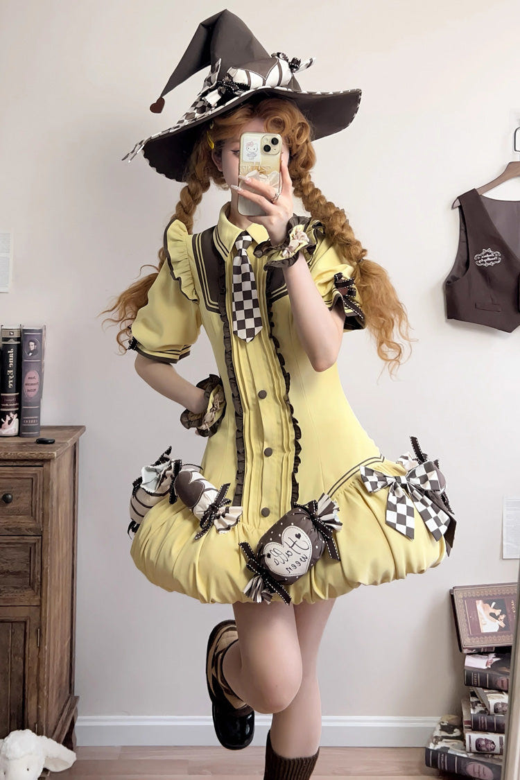 Brown/Yellow [Witch and Paradise] Short Sleeves Ruffle Bowknot Sweet Japanese Halloween Lolita Dress Vest Set - Product - 15