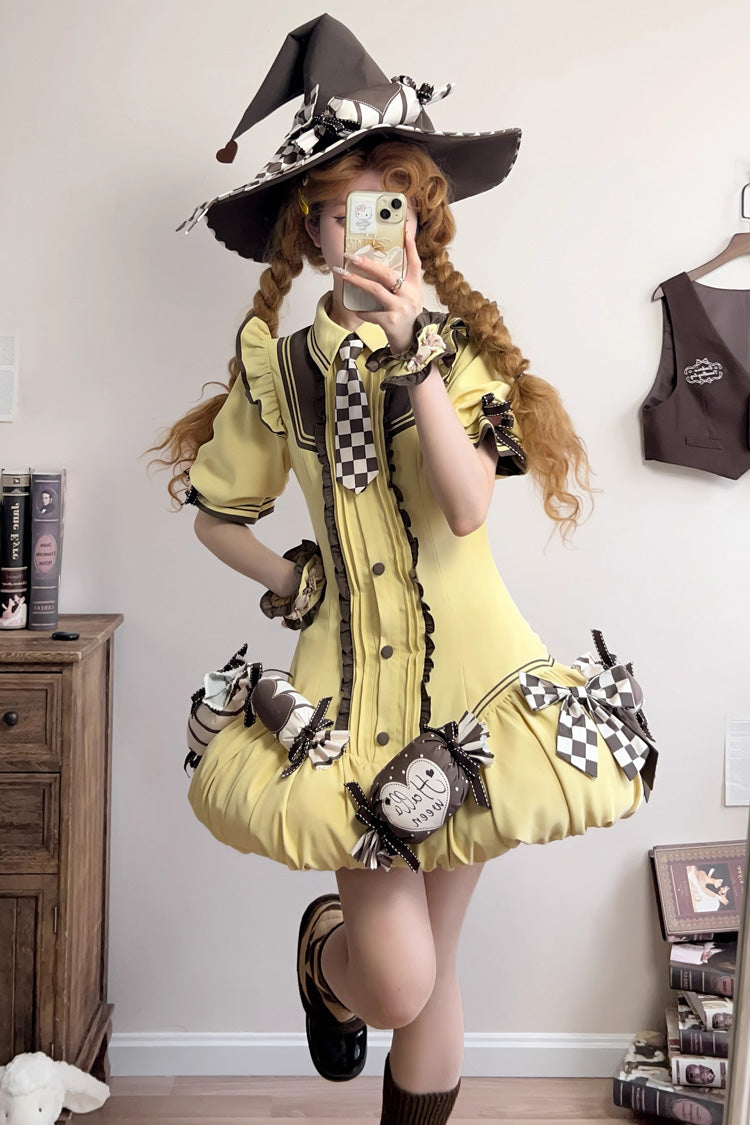 Brown/Yellow [Witch and Paradise] Short Sleeves Ruffle Bowknot Sweet Japanese Halloween Lolita Dress Vest Set - Product - 15