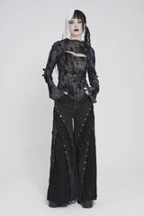 Black Cut-Out Spliced Mesh Eyelet Women's Punk Layered Ripped Pants - Product - 9