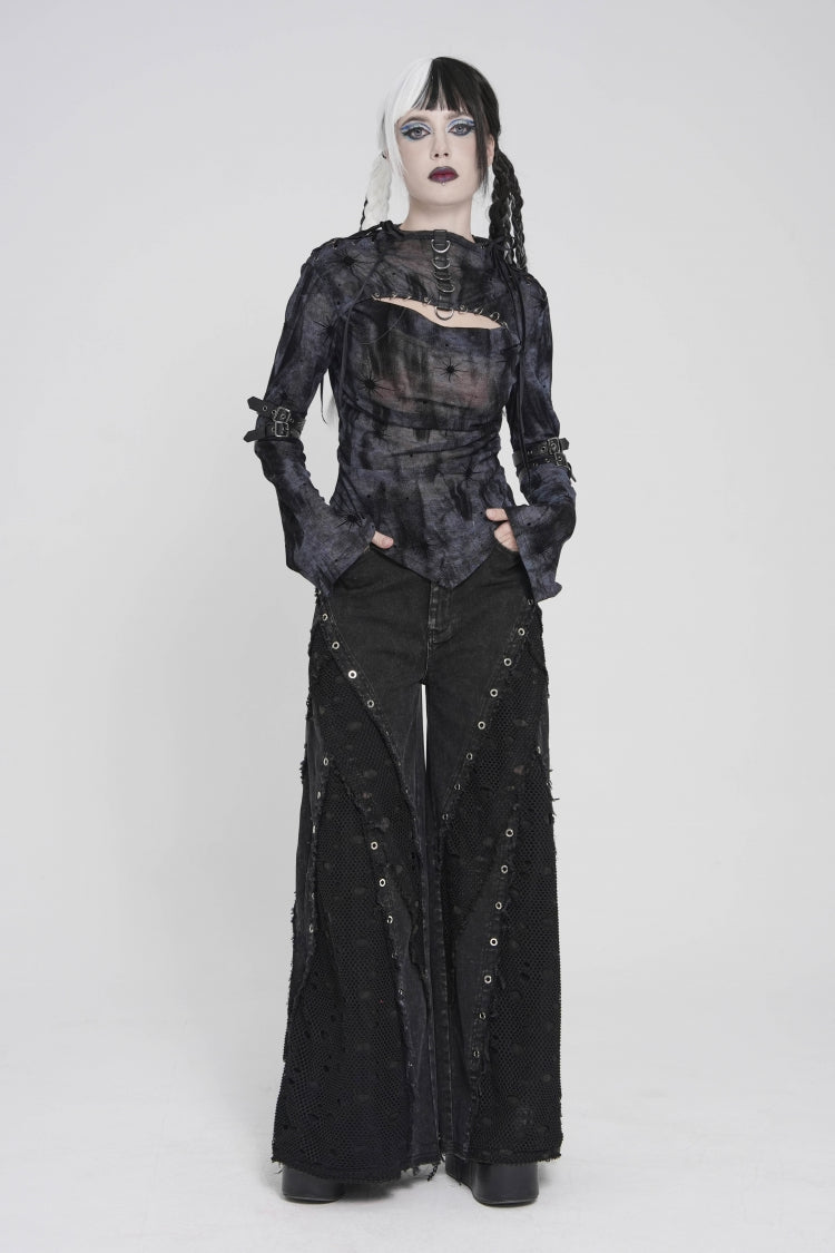 Black Cut-Out Spliced Mesh Eyelet Women's Punk Layered Ripped Pants - Product - 9