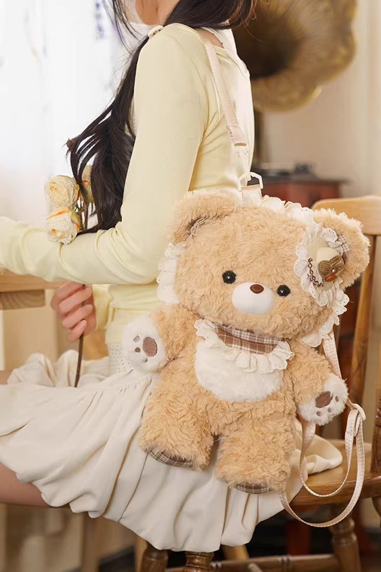 Brown [Little Bear Guli] Ruffled Plush Toy Sweet Lolita Backpack - Product - 10