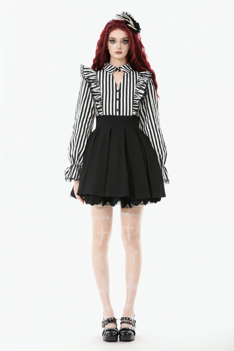 Black/White Striped Lapel Collar Long Sleeves Moon Lace Bow Ruffled Pleated Women's Gothic Dress - Product - 5