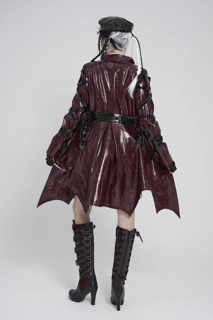 Red Lapel Collar Long Sleeves Lace-Up Irregular Eyelets & Rings Women's Punk Coat - Product - 4
