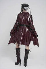 Red Lapel Collar Long Sleeves Lace-Up Irregular Eyelets & Rings Women's Punk Coat - Product - 4