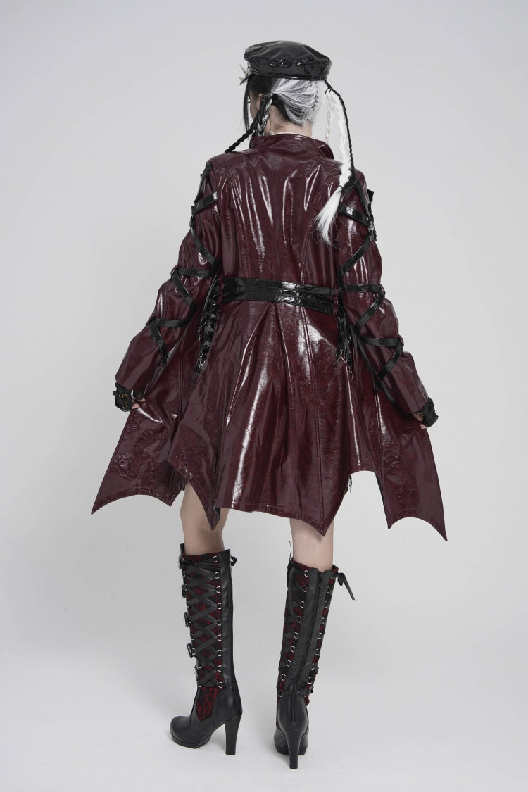 Red Lapel Collar Long Sleeves Lace-Up Irregular Eyelets & Rings Women's Punk Coat - Product - 4