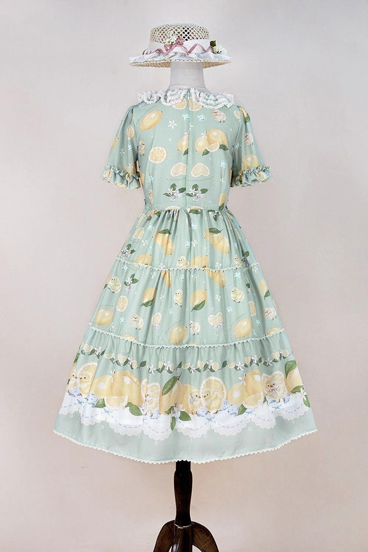 Green [Lemon Chicken] Short Sleeves Print Ruffle Bowknot Lace Daily Sweet Lolita Dress - Product - 11