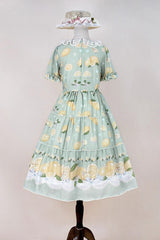 Green [Lemon Chicken] Short Sleeves Print Ruffle Bowknot Lace Daily Sweet Lolita Dress - Product - 11