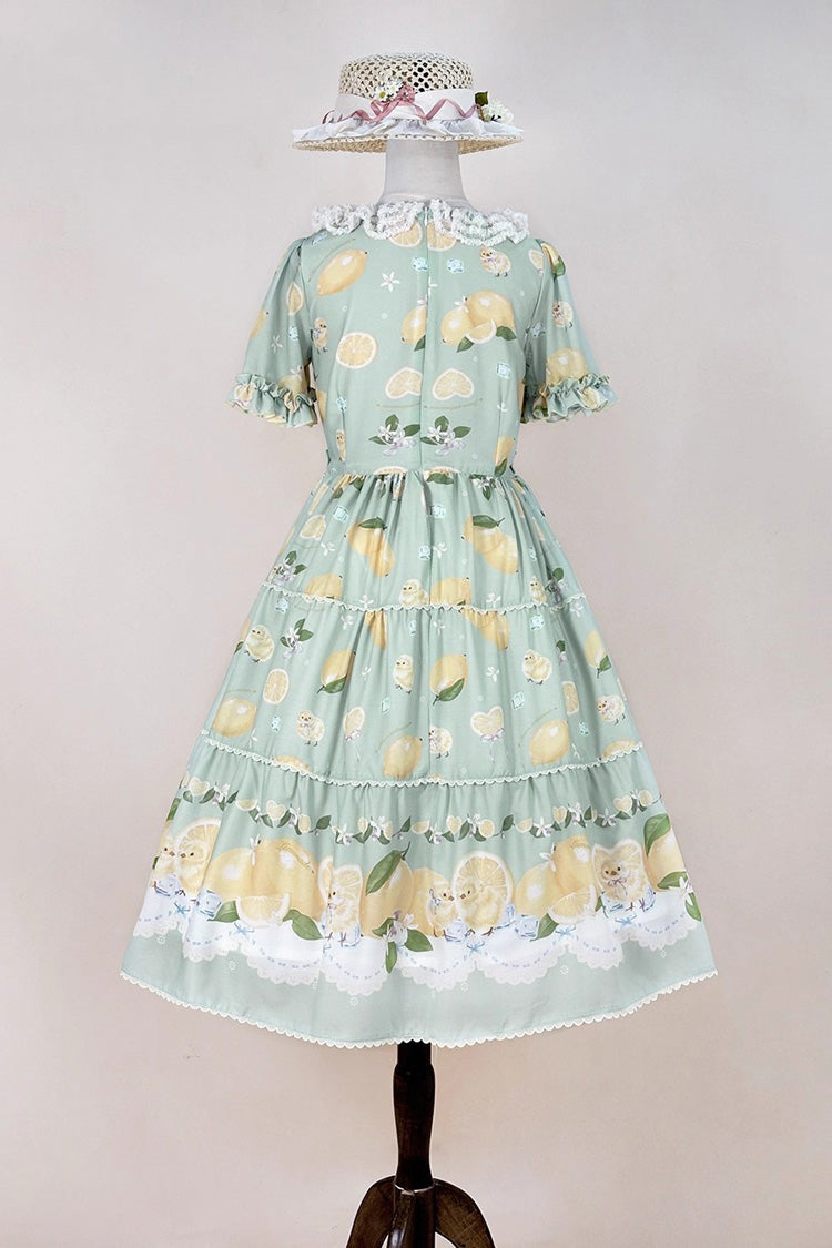 Green [Lemon Chicken] Short Sleeves Print Ruffle Bowknot Lace Daily Sweet Lolita Dress - Product - 11