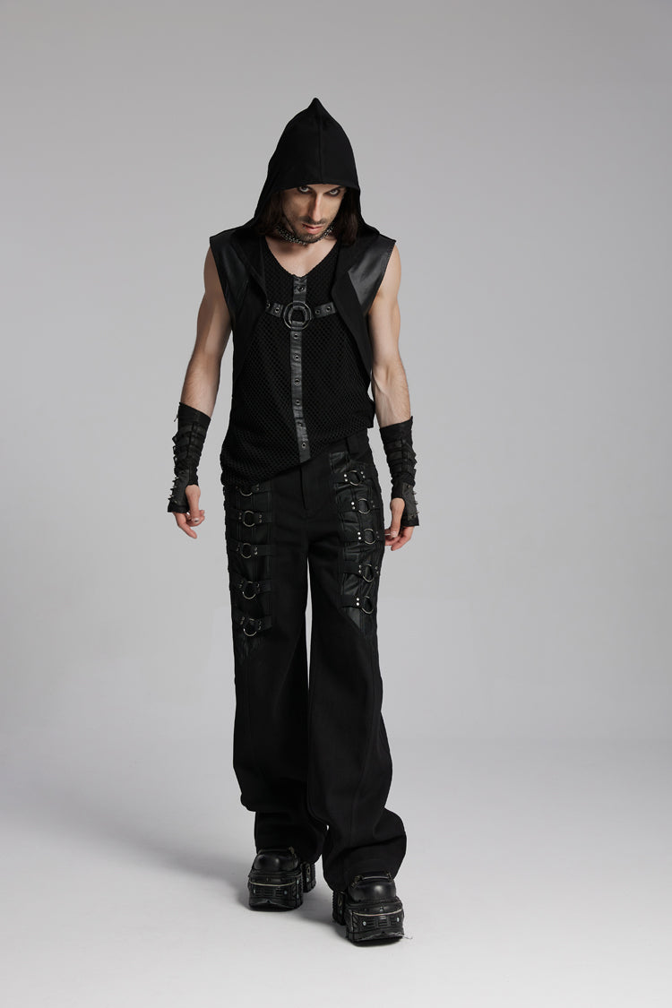 Black V Collar Sleeveless Hooded Mesh Eyelets Men's Punk Vest - Product - 5
