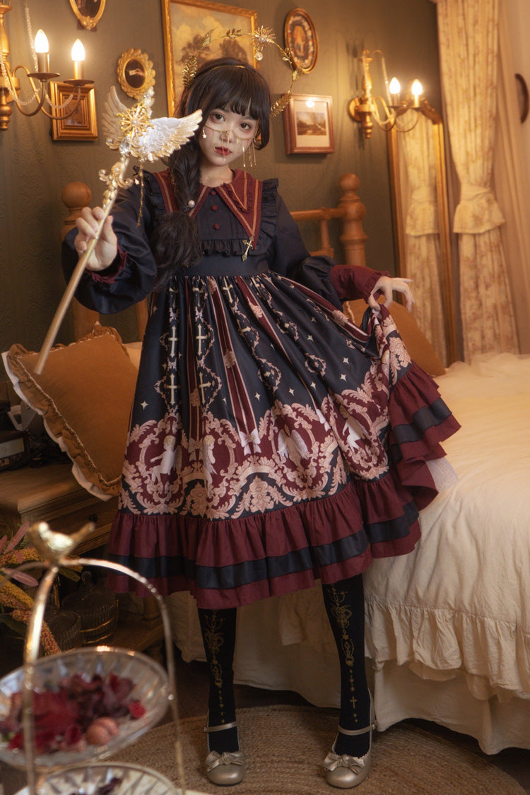 [Angel's Redemption] Long Sleeves Angel Print Ruffle Bowknot Sweet Lolita Dress 3 Colors - Black - 1