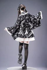 Jirai Kei Long Sleeves Printed Ruffled Lace Studded Gothic Japanese Top and Skirt Set 3 Colors - Product - 5