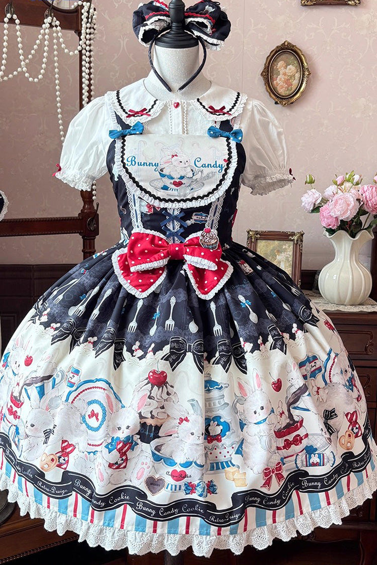 Black [Mystery Rabbit Tea Party] Sleeveless Print Ruffle Bowknot Lace Sweet Lolita Jsk Dress - Product - 3