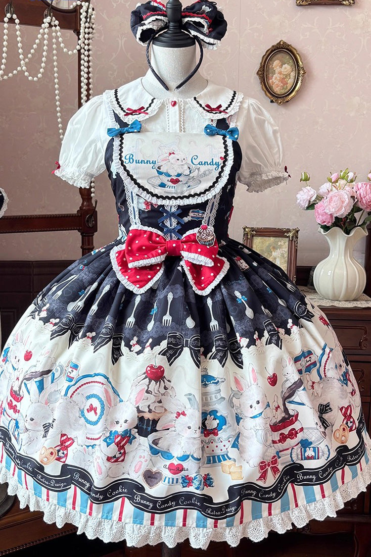 Black [Mystery Rabbit Tea Party] Sleeveless Print Ruffle Bowknot Lace Sweet Lolita Jsk Dress - Product - 3