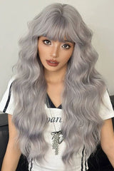 Korean Fluffy Long Water Wave Sweet Lolita Wig with Thin Air Bangs 3 Colors - Purple-Grey - 2