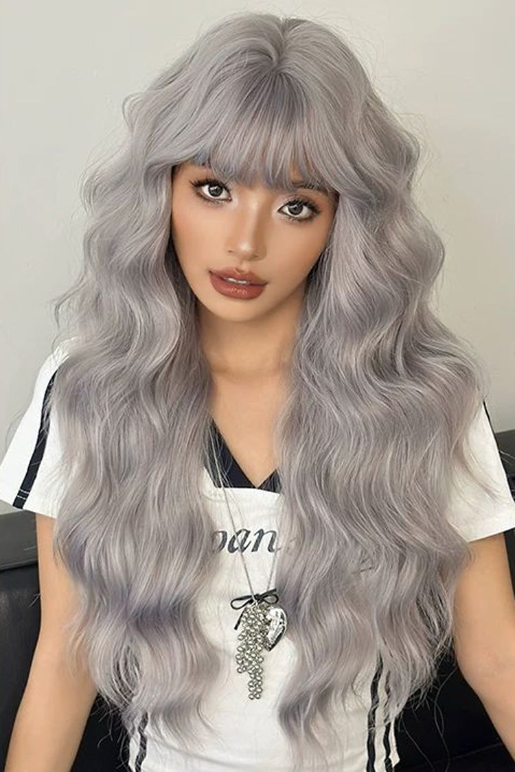 Korean Fluffy Long Water Wave Sweet Lolita Wig with Thin Air Bangs 3 Colors - Purple-Grey - 2