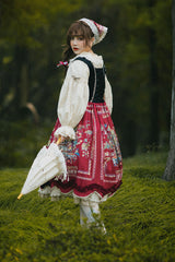 Wine Red [Ode to Plenty] Berries and Birds Print Ruffle Bowknot Velvet Classic Lolita Breast Support Jsk Dress - Product - 12