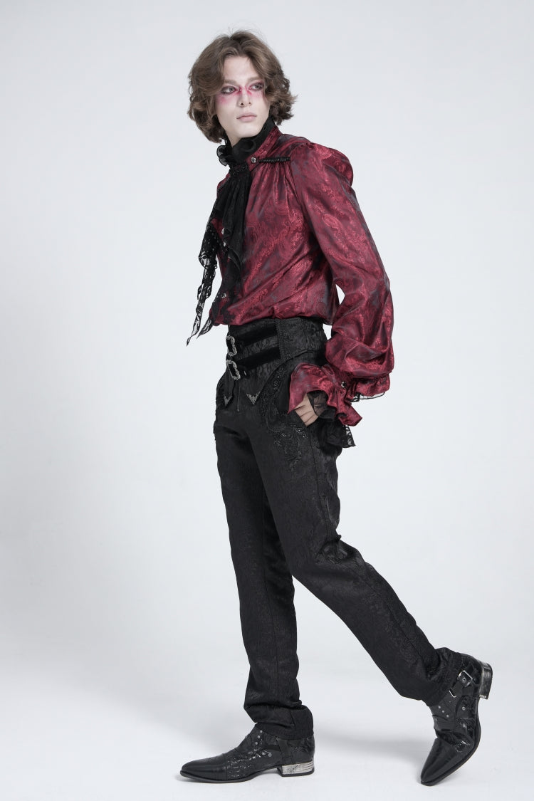 Red Long Puff Sleeves Men's Gothic Blouse with Lace Necktie - Product - 11