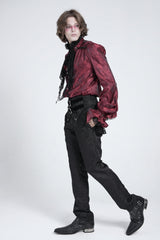 Red Long Puff Sleeves Men's Gothic Blouse with Lace Necktie - Product - 11