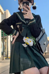 Black/Green Ruffle Bowknot Sweet Sailor College Style Japanese School Skirt Set - Product - 2
