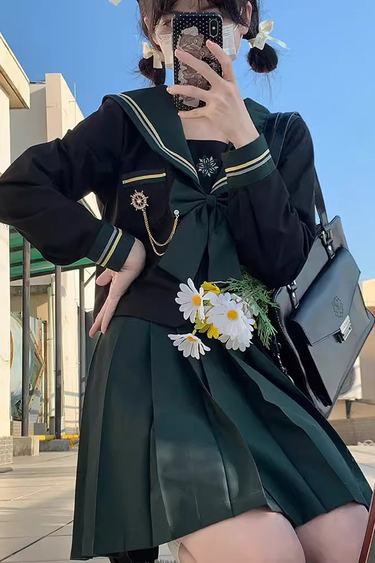 Black/Green Ruffle Bowknot Sweet Sailor College Style Japanese School Skirt Set - Product - 2
