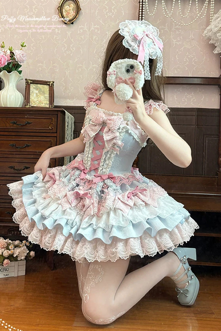 Blue/Pink [Honey Sweet Tart] Square Collar Sleeveless Multi-Layered Jacquard Ruffled Bow Lace Lace-Up Lolita Jsk Dress - Product - 11