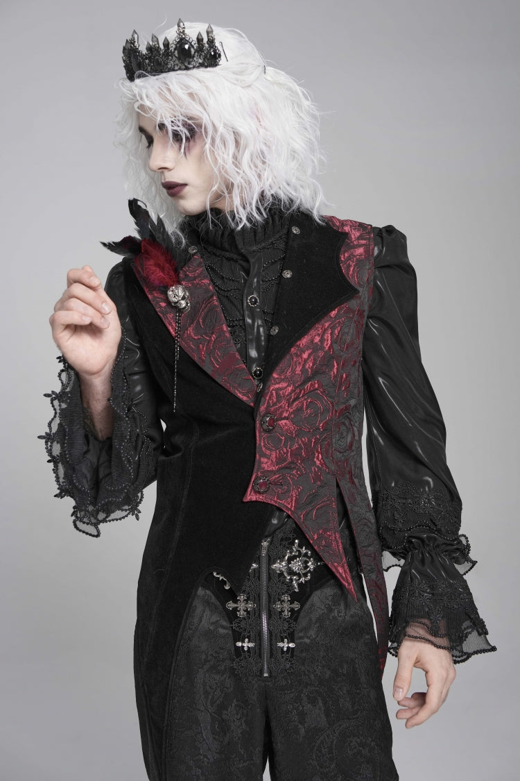 Black Long Sleeves Rose Print Irregular Contrast Color Men's Gothic Vest with Detachable Feather Accessory - Black - 1