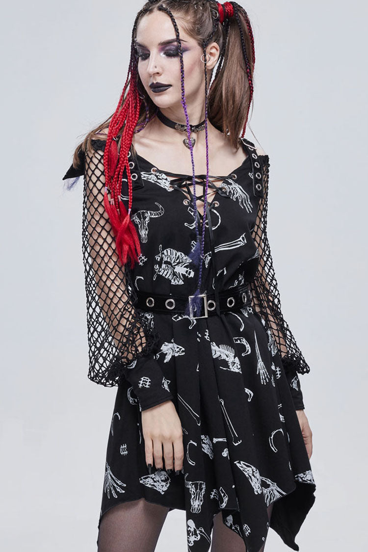 Black Gothic Knit Bone Print Sling Metal Grommet Strap Design Long Sleeve Women's Dress - Product - 4