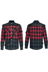Red/Green Punk Plaid Simple Leather Loops Cotton asticity Men's Shirt - Product - 5