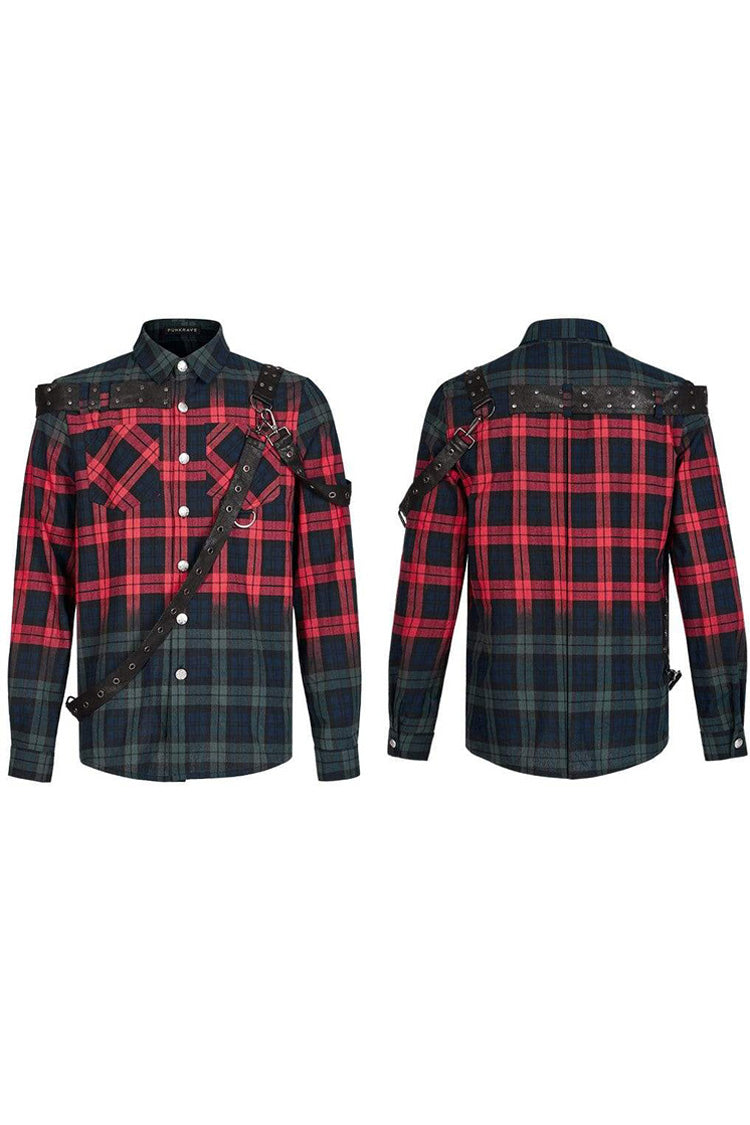 Red/Green Punk Plaid Simple Leather Loops Cotton asticity Men's Shirt - Product - 5