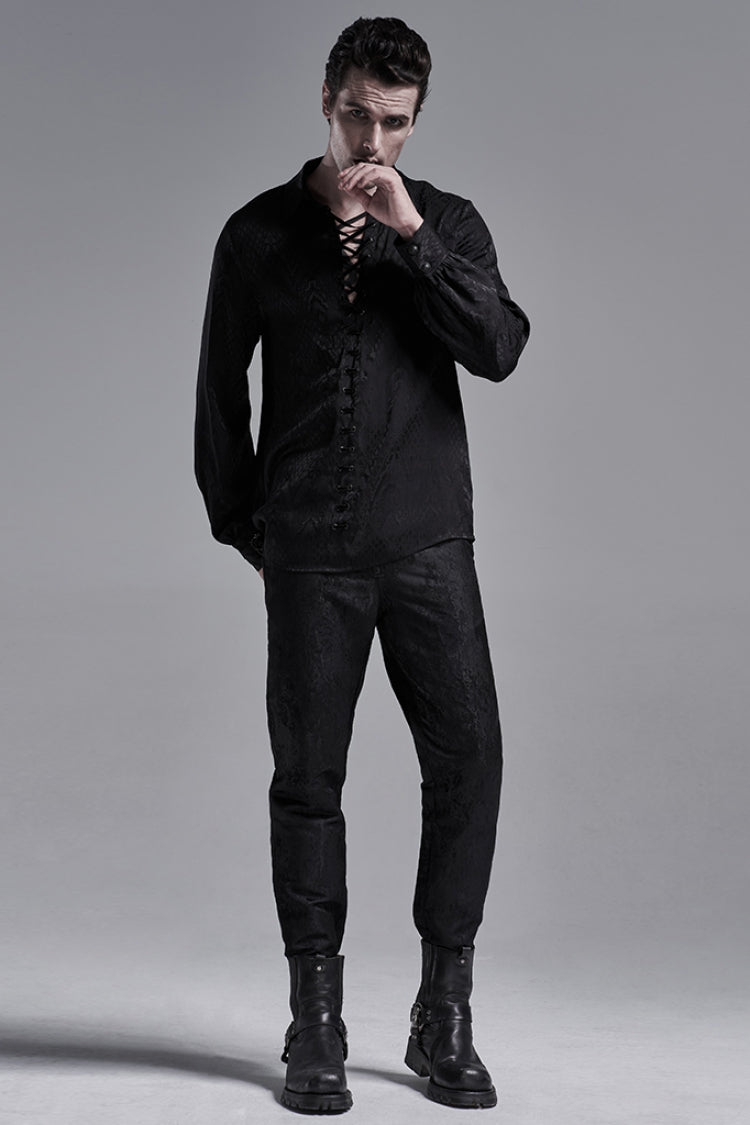 Jacquard Long Sleeve Front Metal Eyelets Lace Up Metal Carving Buckle Cuff Men's Gothic Shirt 3 Colors - Product - 6