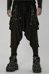 Black Ripped Men's Punk Sagging Pants with Straps - Black - 1