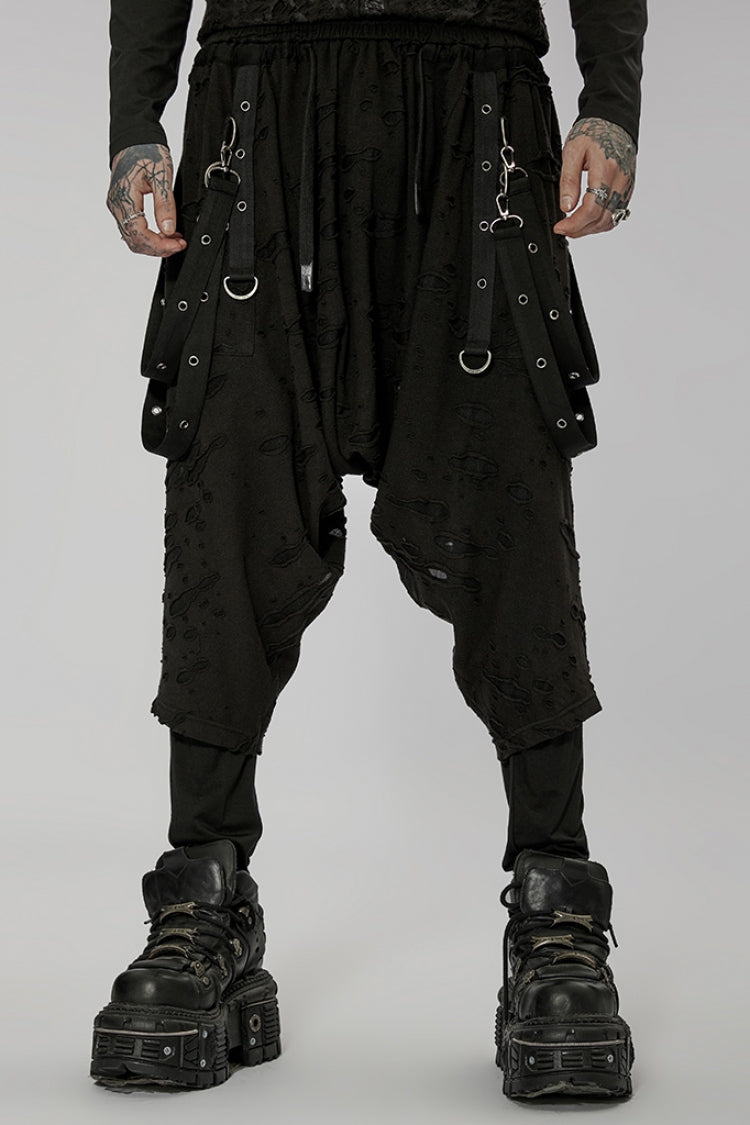 Black Ripped Men's Punk Sagging Pants with Straps - Black - 1