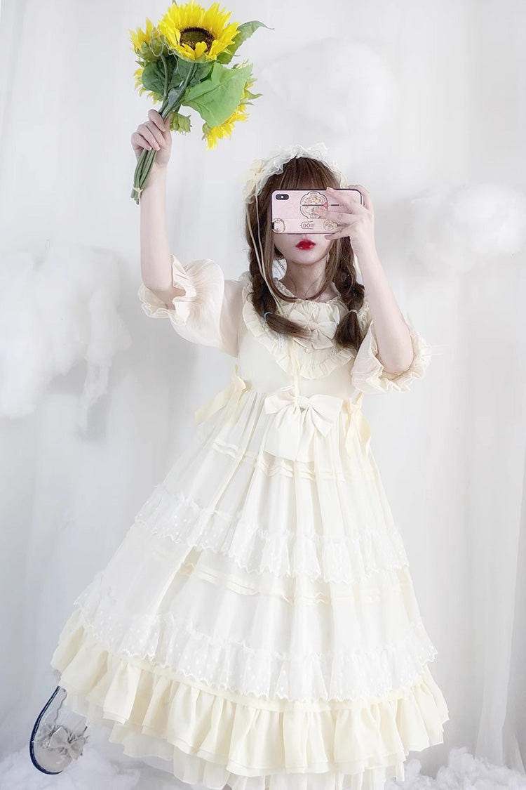 Beige Lace Cool Angel Short Sleeves Bowknot Ruffle Sweet Lolita Dress - Product - 7
