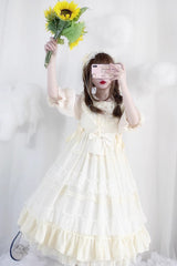 Beige Lace Cool Angel Short Sleeves Bowknot Ruffle Sweet Lolita Dress - Product - 7