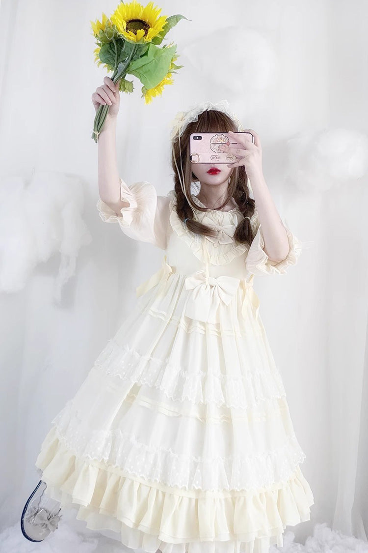 Beige Lace Cool Angel Short Sleeves Bowknot Ruffle Sweet Lolita Dress - Product - 7