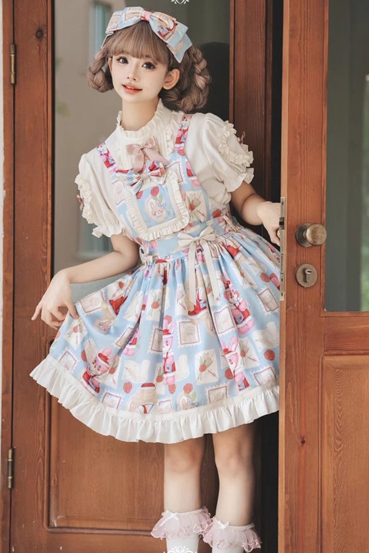 Light Blue [Letter from Showa] Rabbit and letter Print Ruffle Bowknot Sweet Princess Lolita Strap Dress - Product - 6